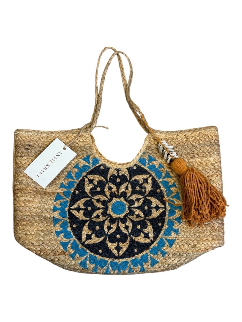 Anthropologie Antik Kraft Blue Medallion Jute Tote Bag Floral Vacation Beach